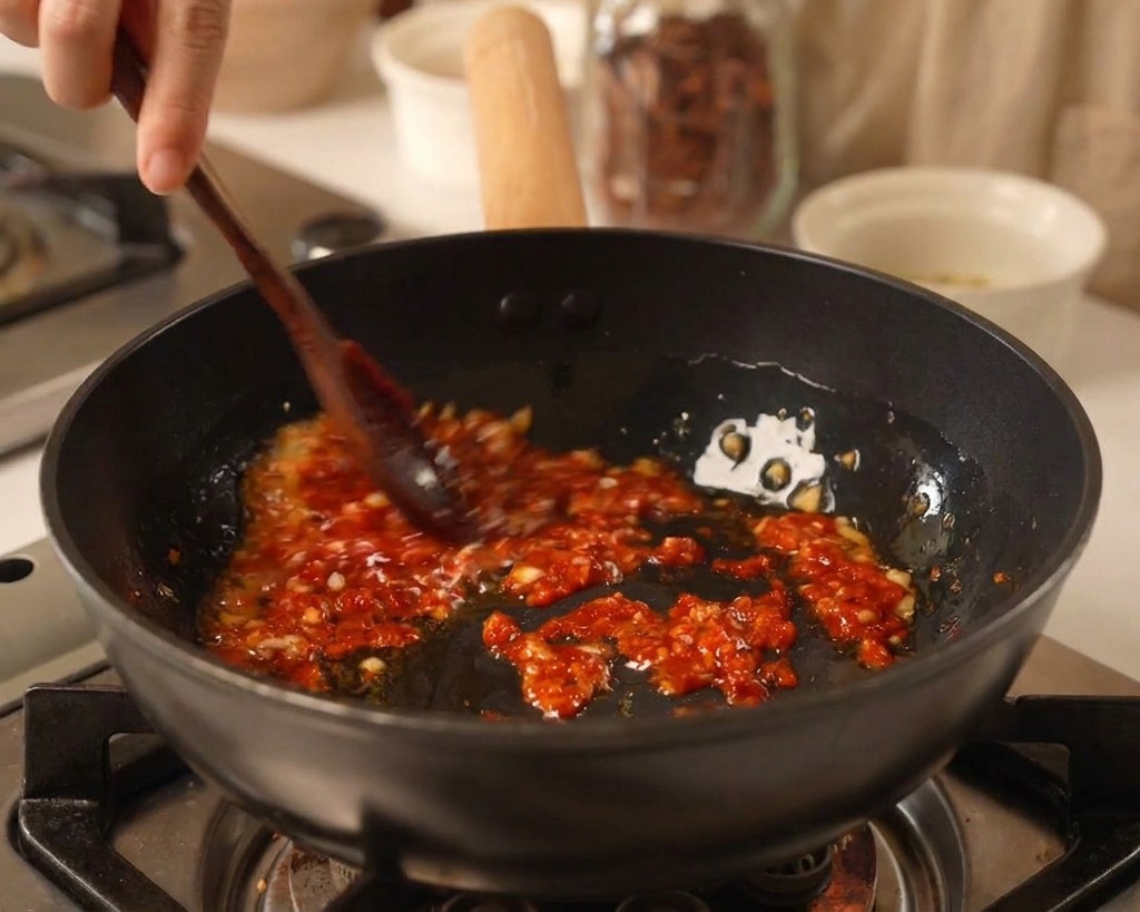 Adding a spoonful of vibrant red Korean chili paste to sautéed garlic in a black pan.