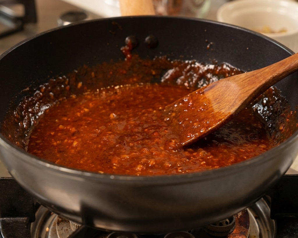 A thick, bubbling red chili glaze being stirred with a wooden spatula in a black pan.