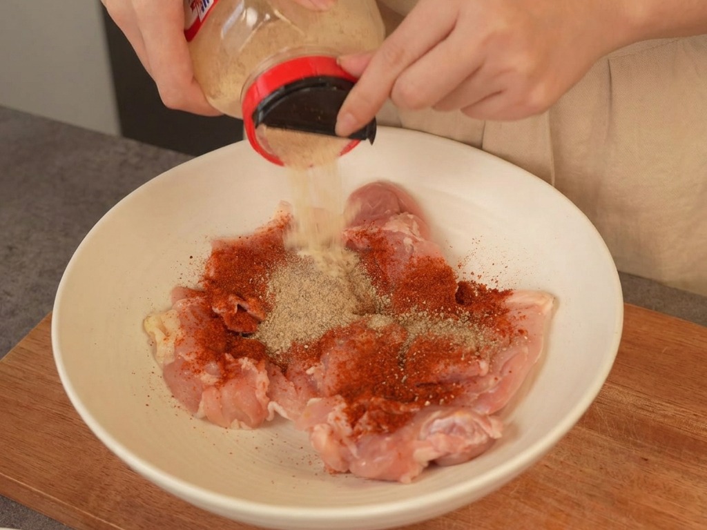 Sprinkling garlic powder from a jar over raw chicken thighs seasoned with red chili powder in a white bowl.