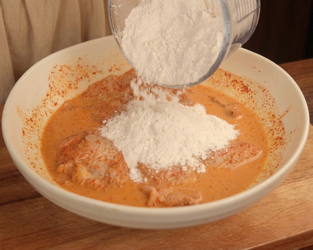 White flour being poured from a measuring cup into a white bowl containing marinated chicken thighs.