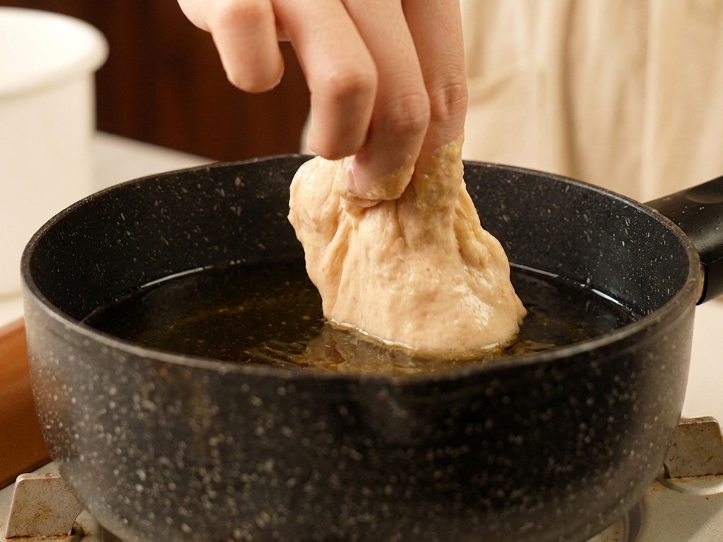 A hand placing a thick-battered piece of chicken into a black pot filled with bubbling hot cooking oil.