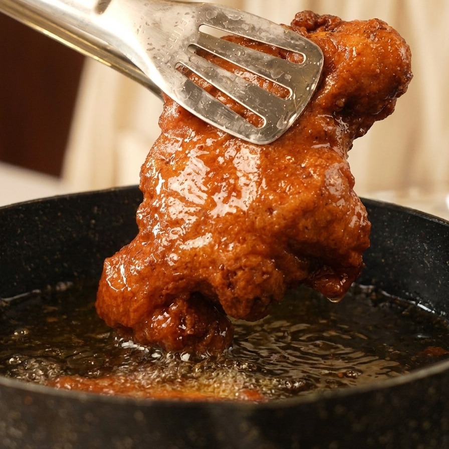 Metal tongs holding a golden brown crispy fried chicken thigh above a pot of oil.