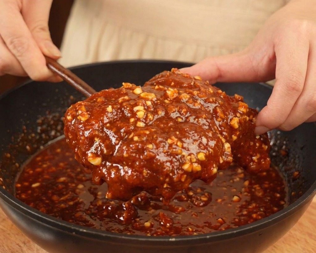 A piece of fried chicken being coated in a thick, glossy red Korean garlic sauce with visible bits of crushed peanuts.