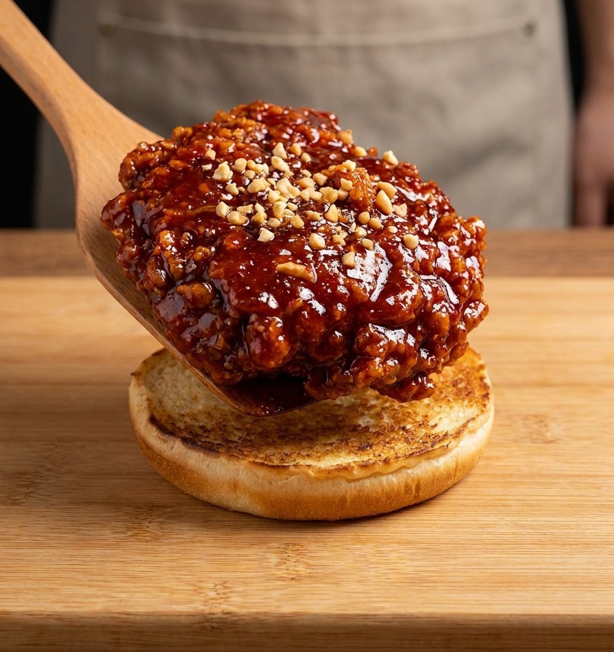 A wooden spatula placing a large, crispy fried chicken patty covered in a dark red sticky glaze and chopped nuts onto a bun.