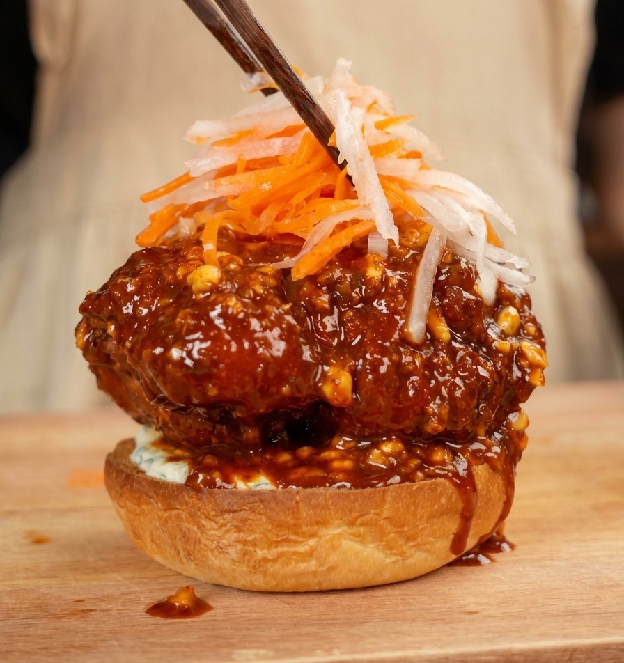 Chopsticks adding a nest of bright orange shredded carrots and white radish strips onto a glazed chicken burger.