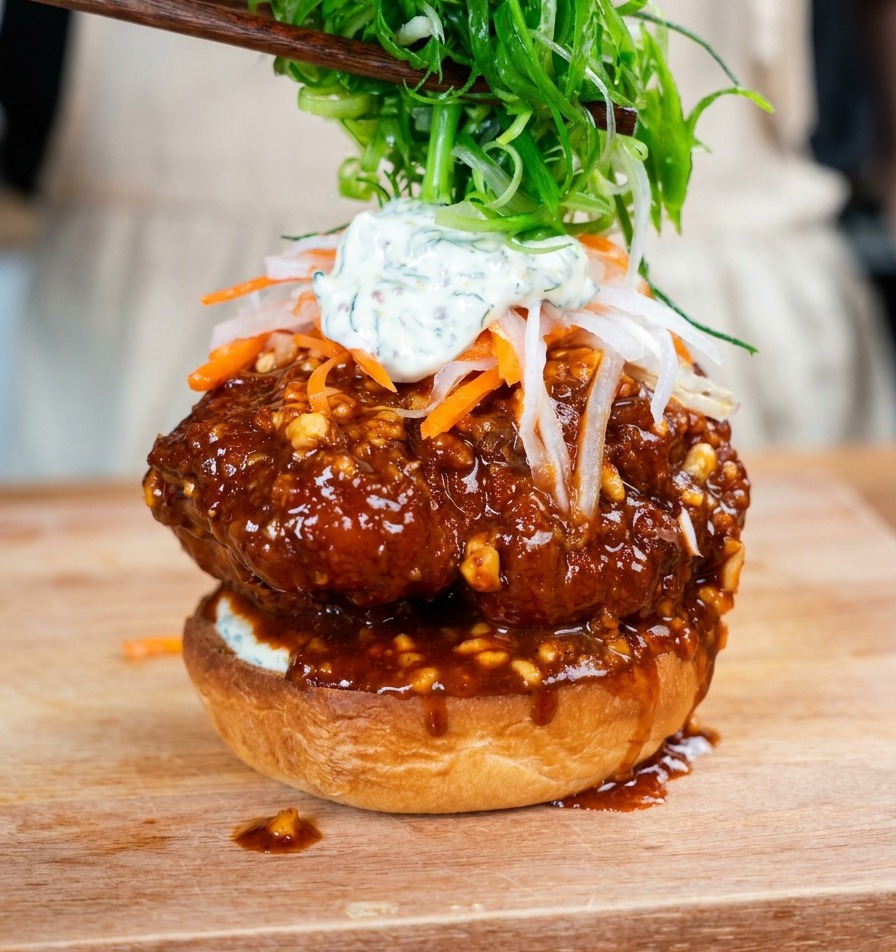 A tall assembled burger being topped with a large bundle of thin, julienned green onion strips using chopsticks.