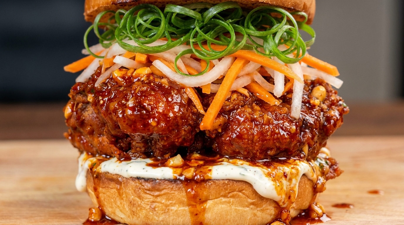 Korean Garlic Spicy Fried Chicken Burger with Quick-Pickled Slaw