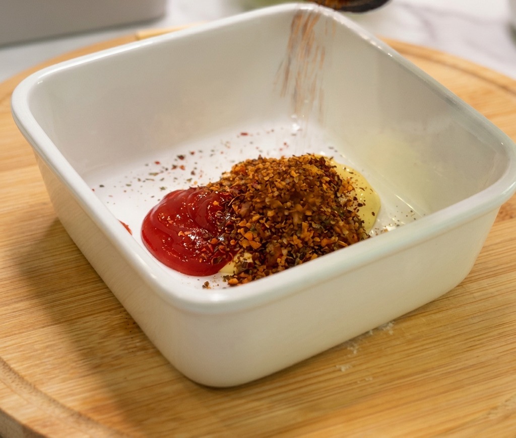 Spicy red and orange seasoning flakes being sprinkled from a container into a bowl containing mayonnaise and ketchup.