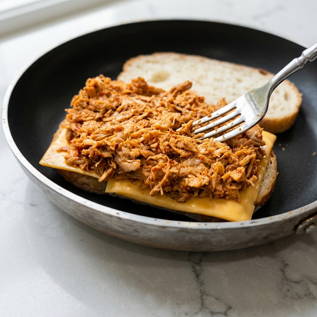 A fork placing a large mound of orange-red shredded spicy chicken onto a slice of cheese on toasted bread in a skillet.