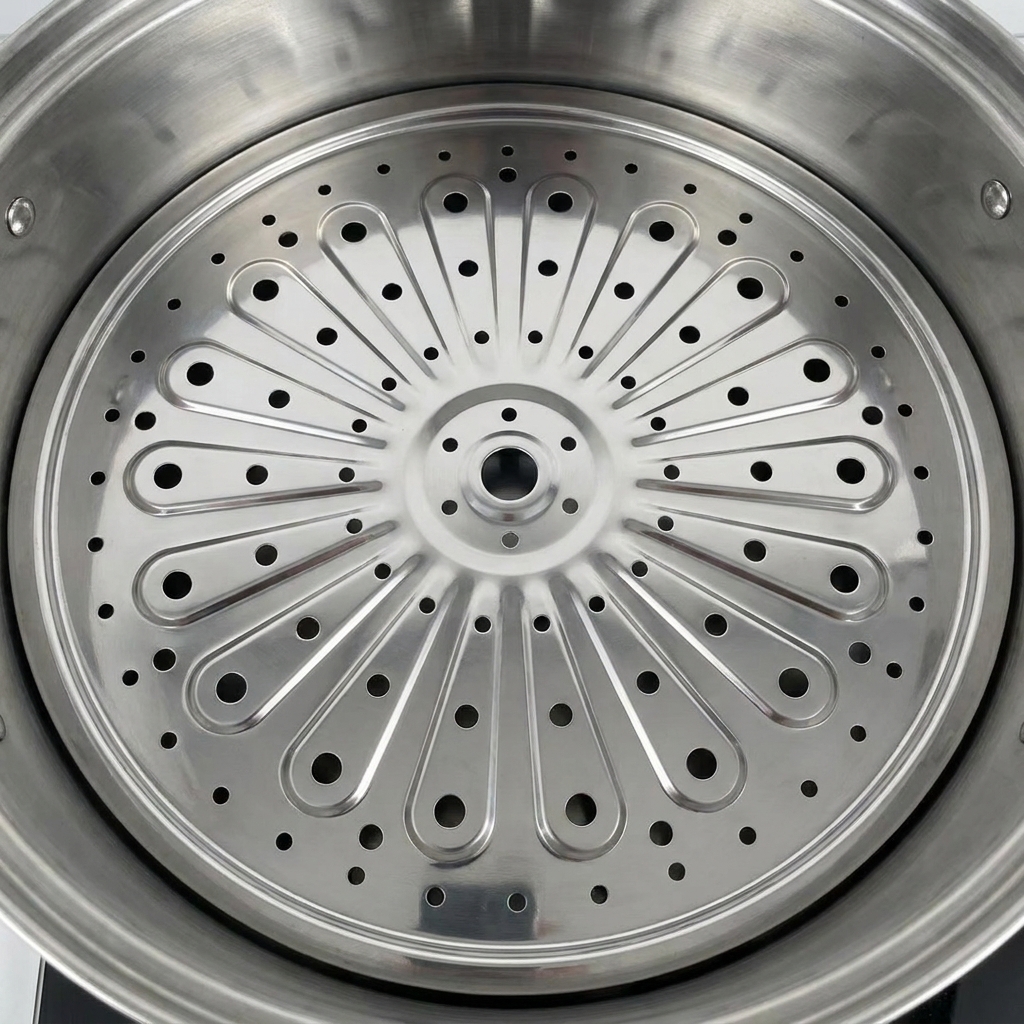 A plate with Chinese sausage inside a stainless steel steamer basket.