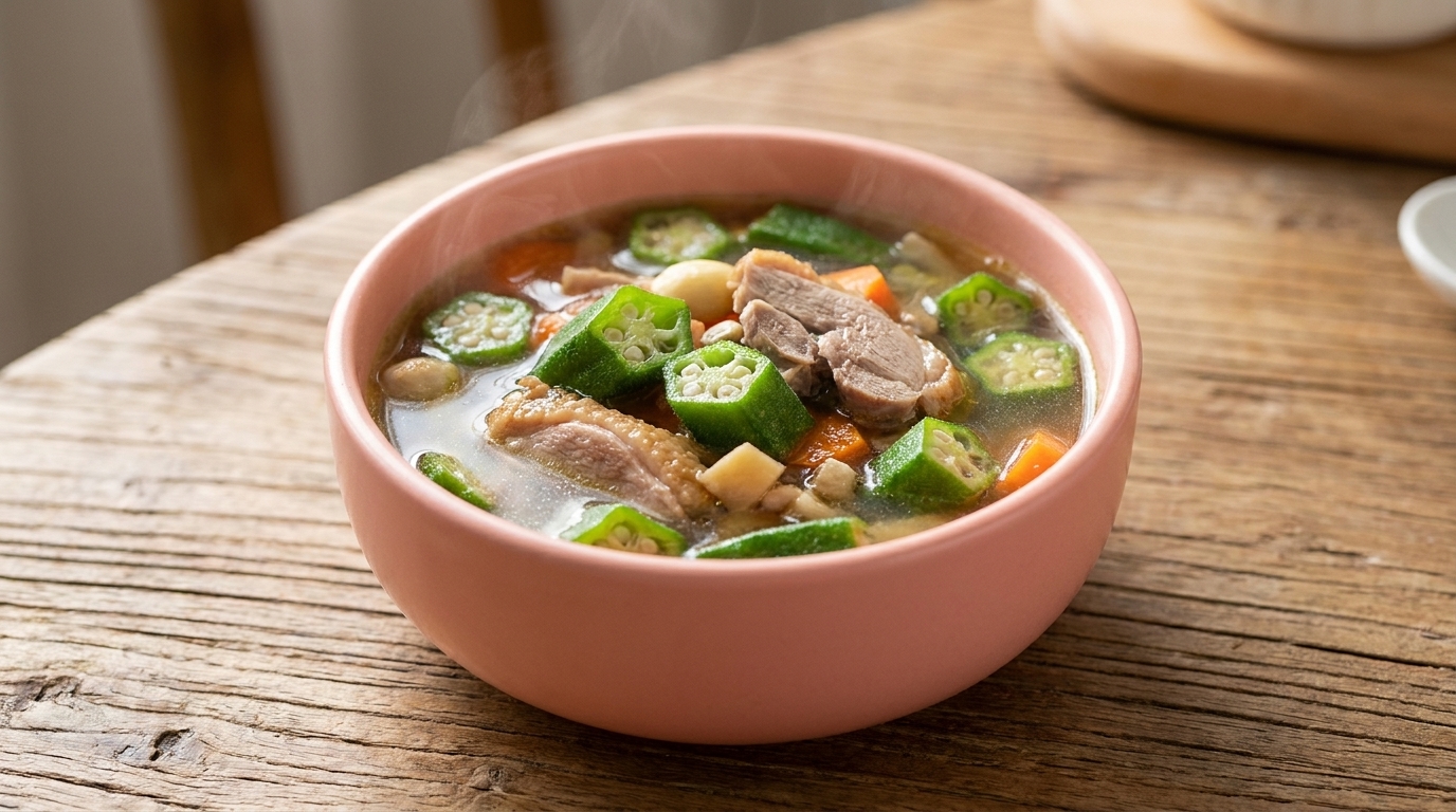 A bowl of nourishing okra and duck soup with a clear, savory broth.