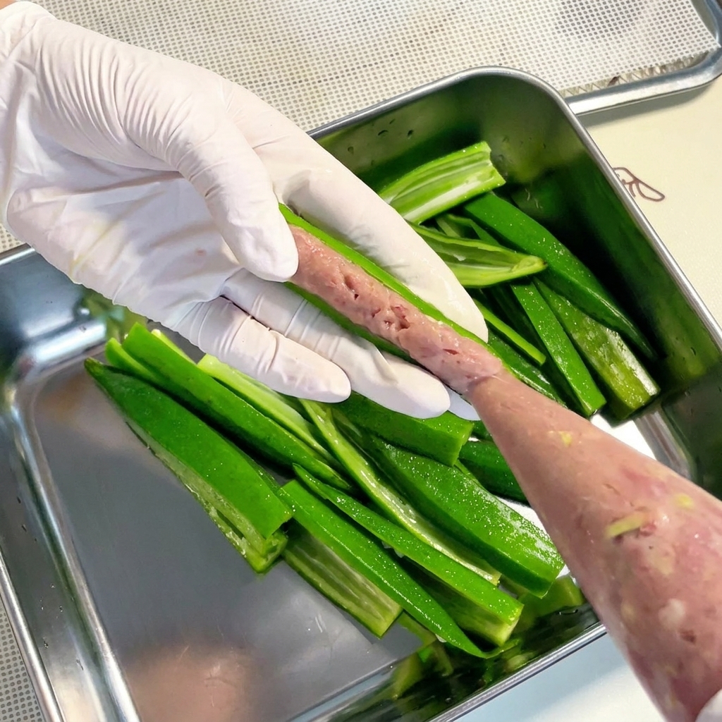 A piping bag filling a split okra shell with ground meat paste.