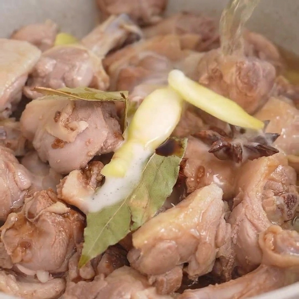 Clear liquid being poured from above into a pan containing duck meat, bay leaves, star anise, and sliced ginger.