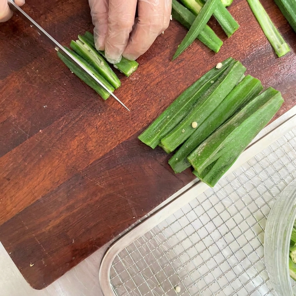 Freshly trimmed okra pods being carefully sliced in half lengthwise on a wooden board.