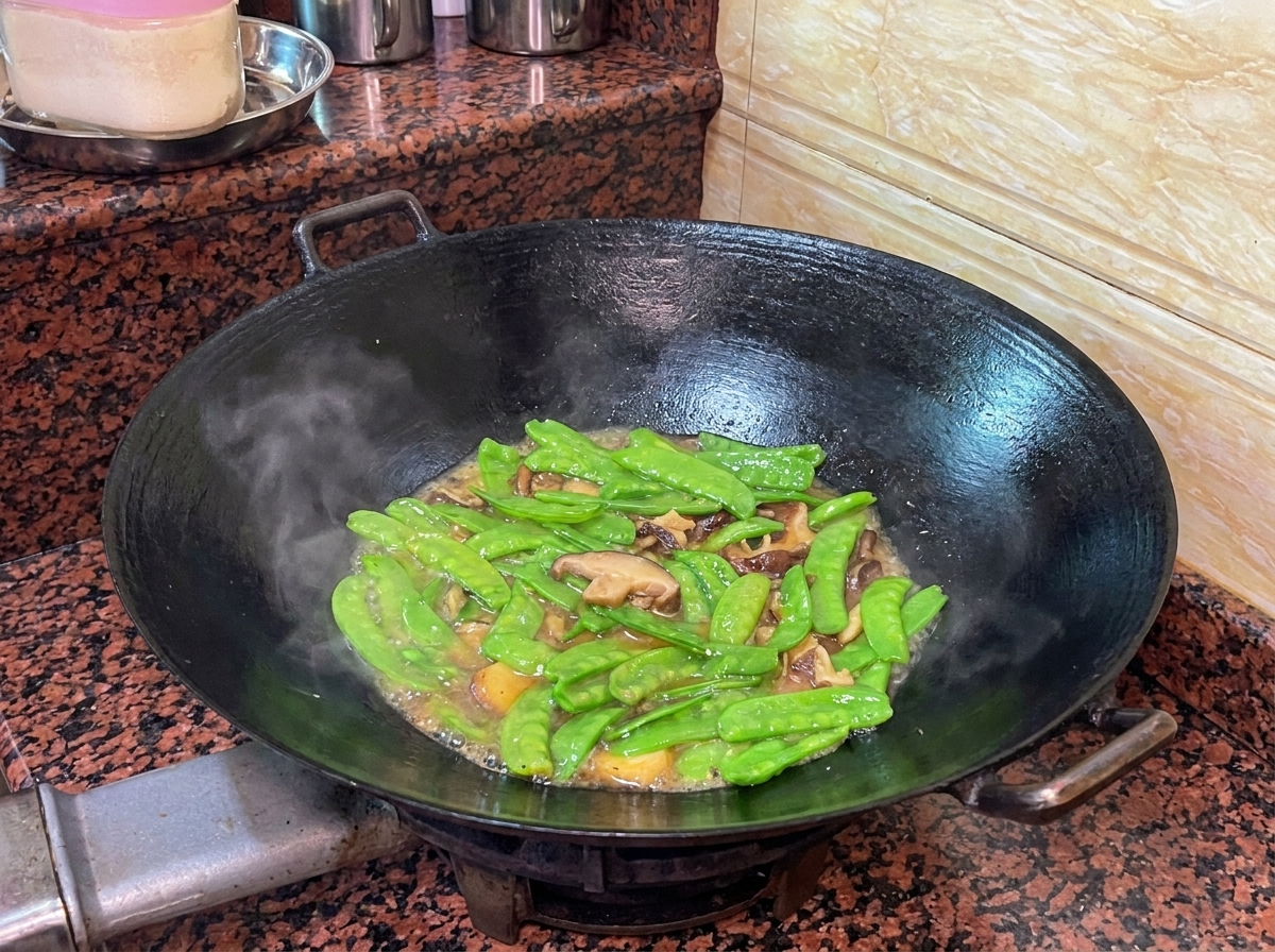 Snow peas and duck liver sausage simmering in a wok with a light sauce.