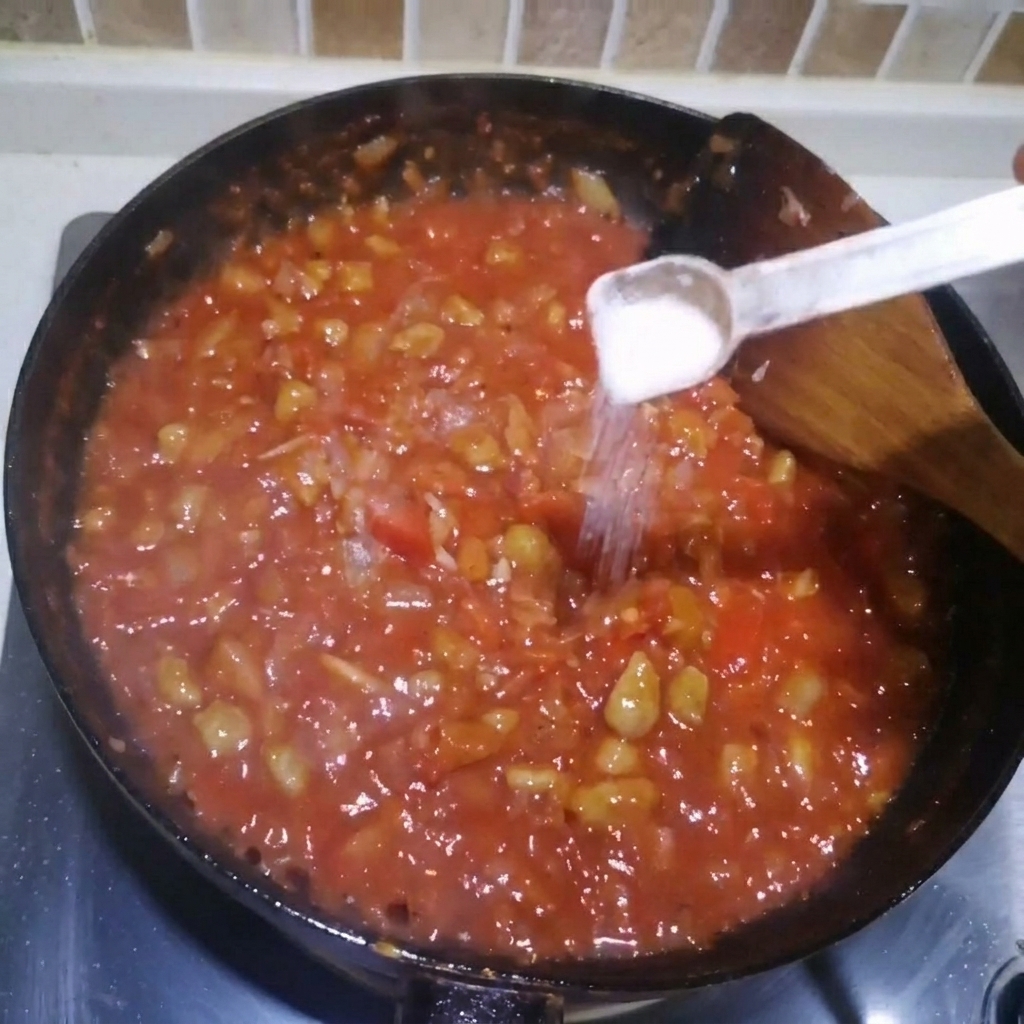 A small measuring spoon holding salt being added to a simmering, thick red pasta sauce in a pan.