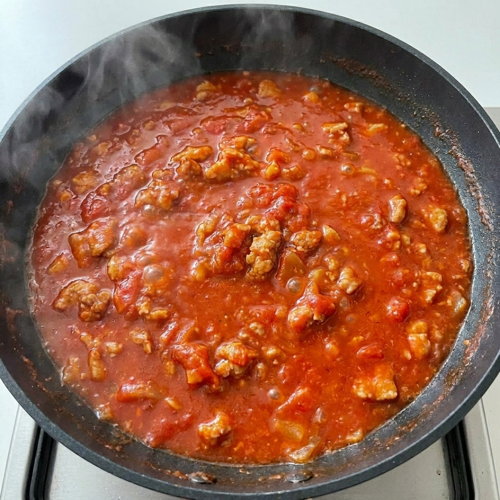 A close-up of a bubbling, thick red pasta sauce in a pan being seasoned with freshly ground black pepper.