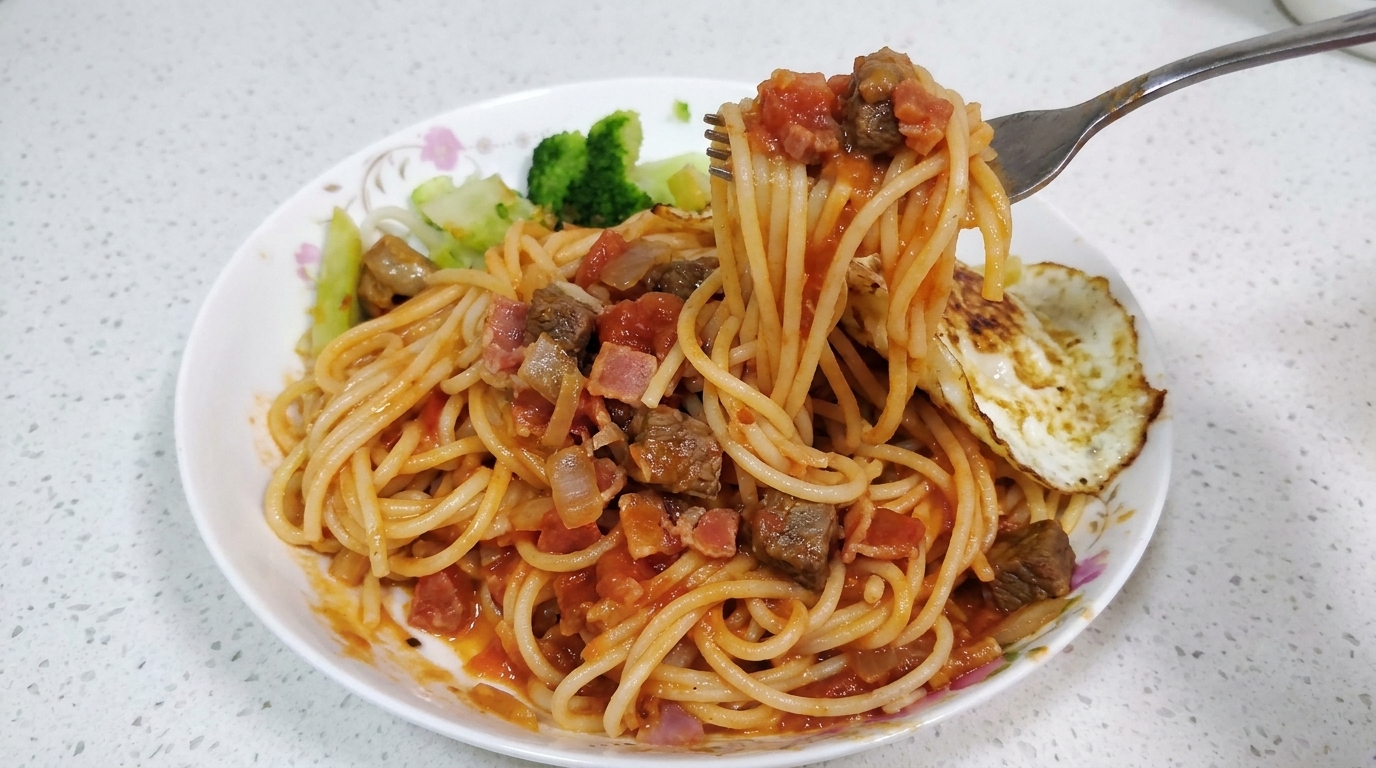 A hearty plate of bacon and beef pasta topped with a fried egg and a side of fresh broccoli.