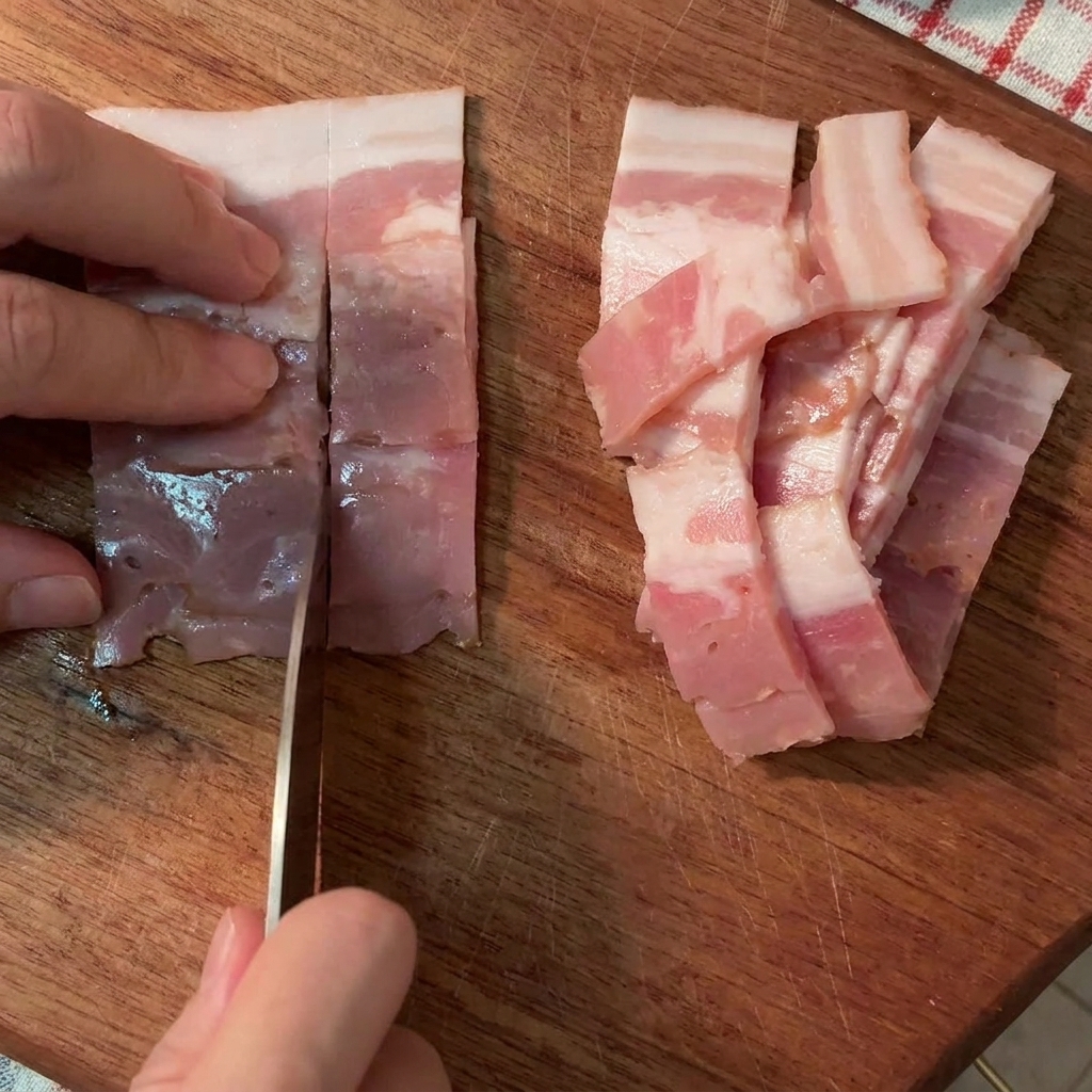 Fingers holding down raw bacon while a knife slices it into uniform strips on a wooden board.