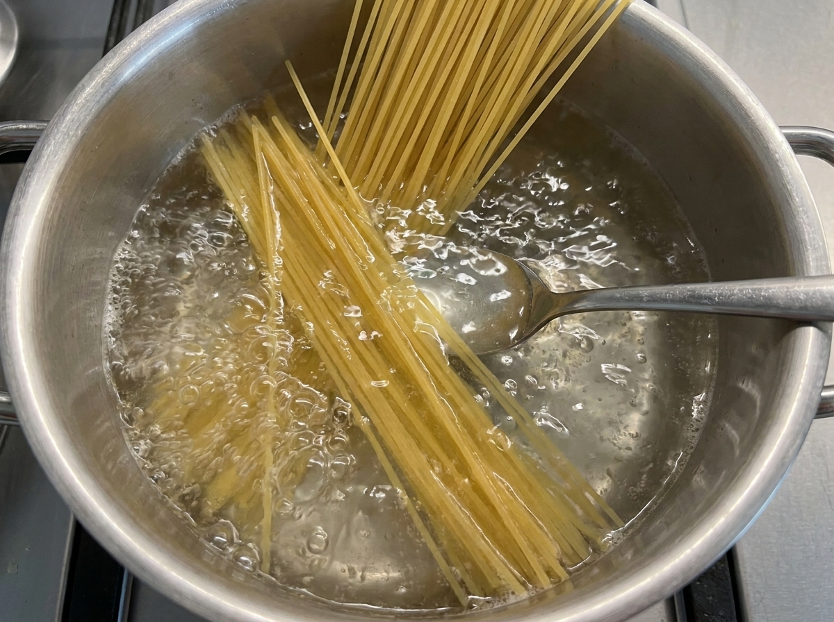 Long dry spaghetti noodles being pushed into a pot of rapidly boiling, bubbly water with a metal spoon.