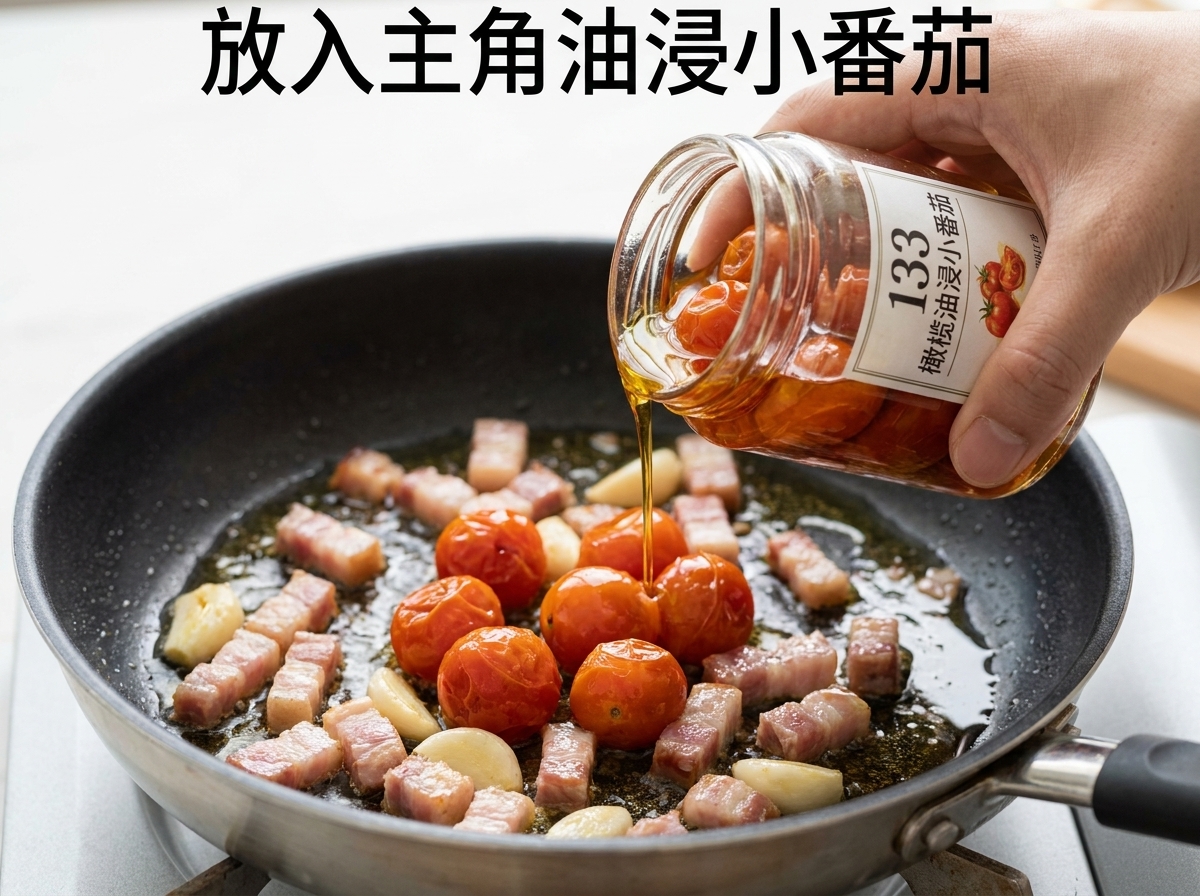Sun-dried tomatoes being added to a pan containing fried bacon and garlic.