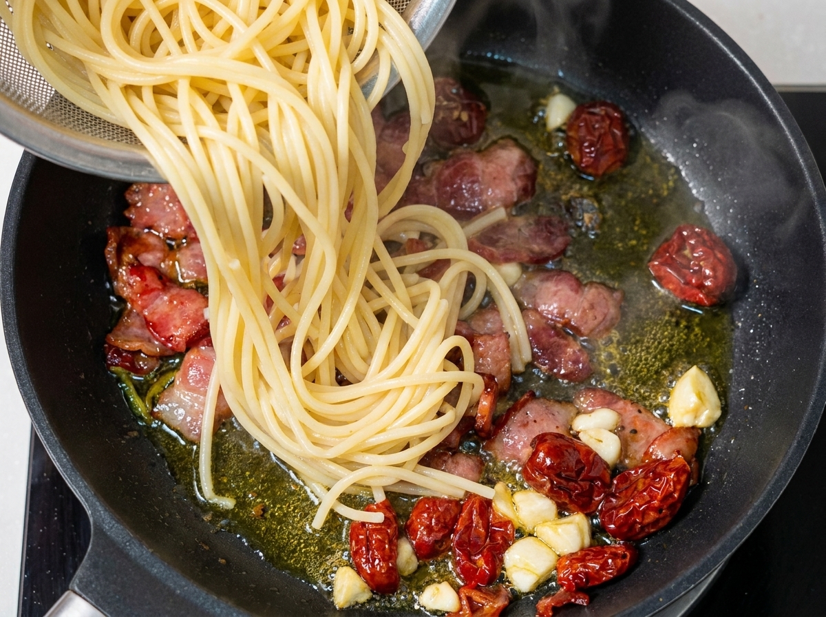 Cooked spaghetti noodles being added to a pan with bacon, tomatoes, and garlic.