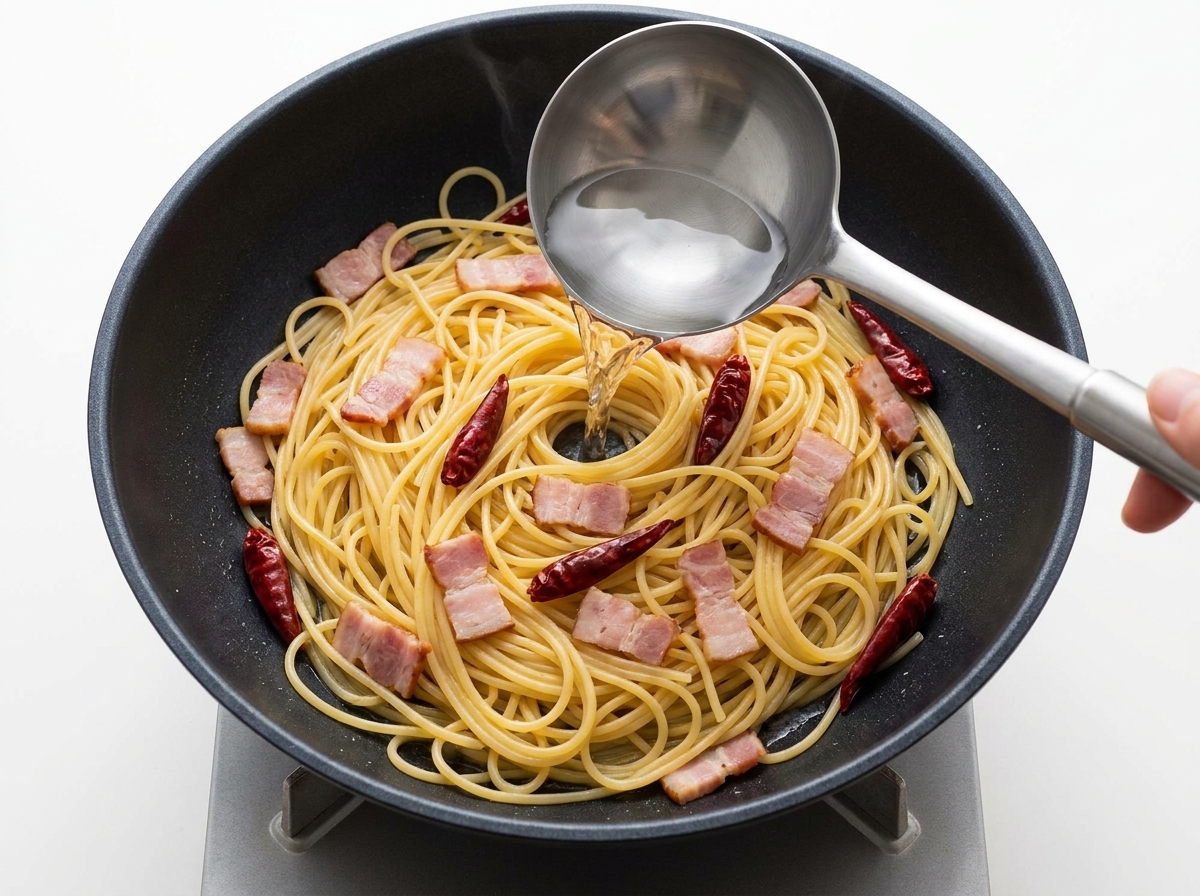 A ladle of pasta water being poured over spaghetti in a pan.