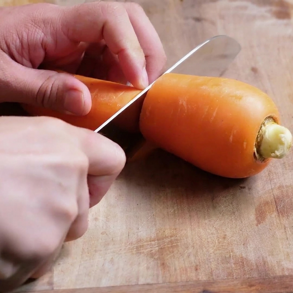 A sharp knife chopping carrots into small cubes on a wooden cutting board.