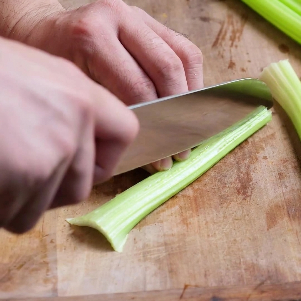 A pile of finely diced carrots, celery, and onions resting on a wooden board.