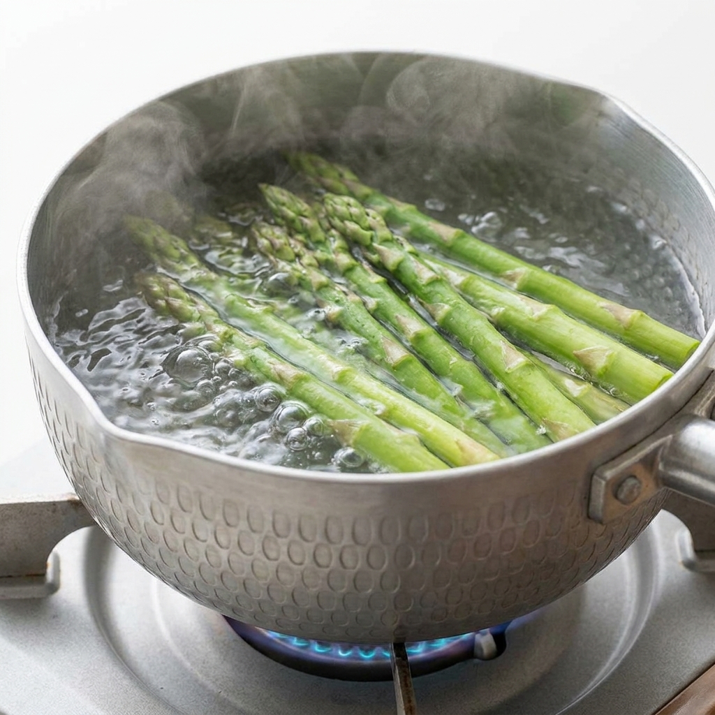 Fresh green asparagus being blanched in a pot of bubbling hot water.
