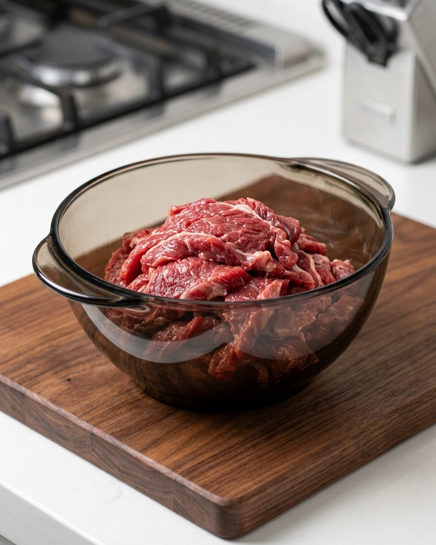 Water being poured into the bowl with the beef and starch mixture.