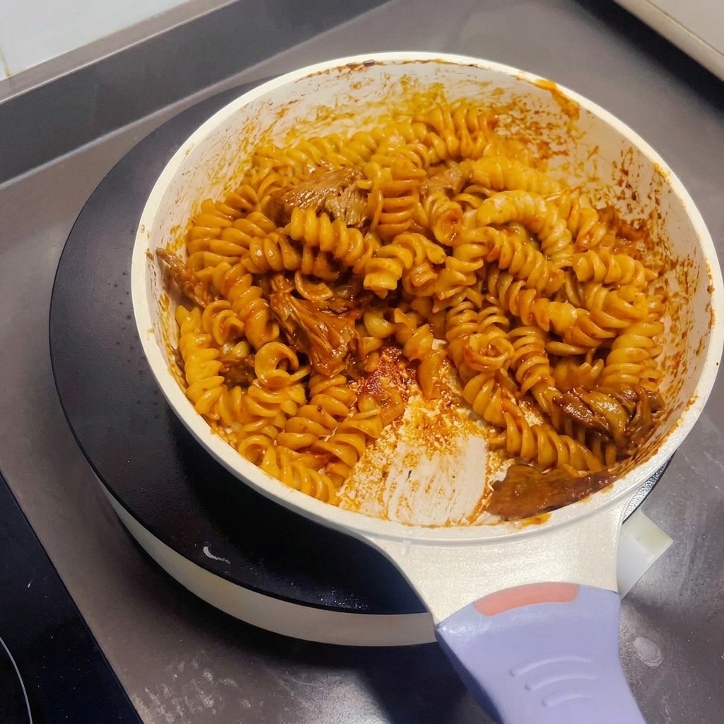 The finished stir-fried beef and pasta dish being tossed in the pan with a spatula.