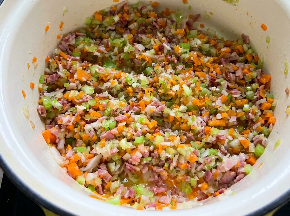 Ground meat cooking in a pot with vegetables, being stirred by a wooden spoon.