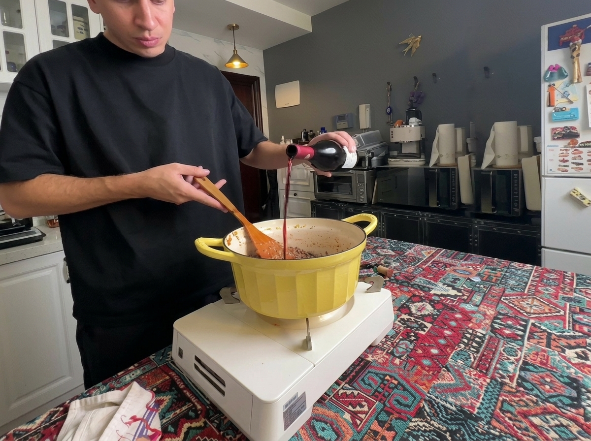 Red wine being poured into a large yellow pot with browned meat and vegetables.