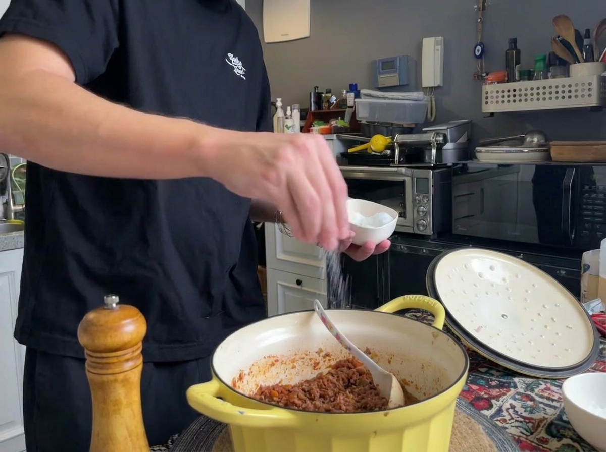 Freshly cracked black pepper and salt being added to a pot of finished meat ragù.