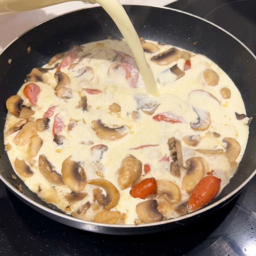 Cream being poured into a pan with garlic, forming a smooth base.
