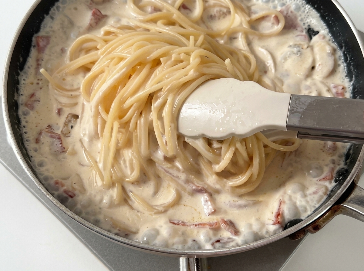 Boiled spaghetti being added into a pan with a creamy sauce and bacon.