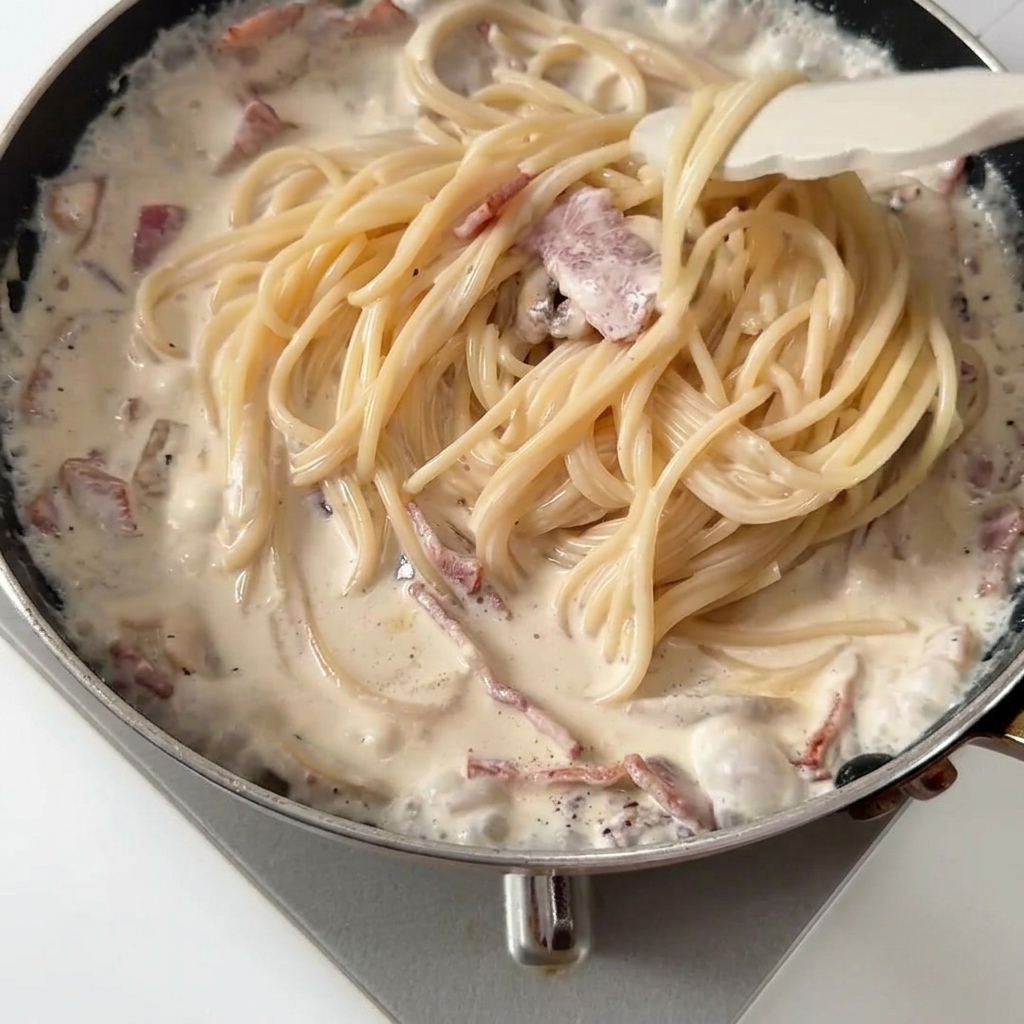 Spaghetti being tossed with white silicone tongs in a pan with creamy sauce, bacon, and mushrooms.
