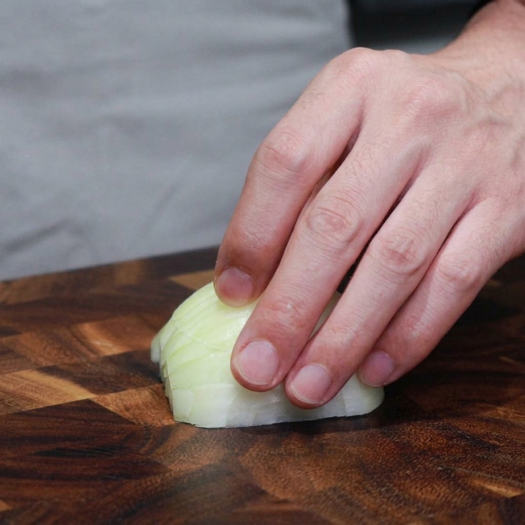 Finely minced onion and garlic on a wooden cutting board.