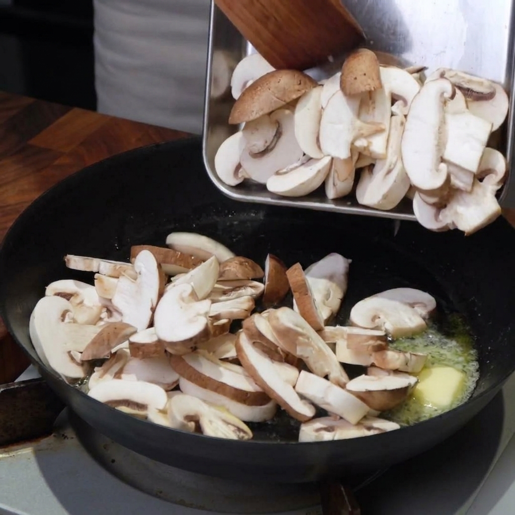 Mushroom slices being added to a hot pan containing melted butter and oil.