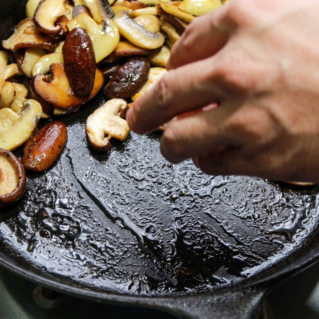 Bacon pieces frying in a pan alongside the sautéed mushrooms.