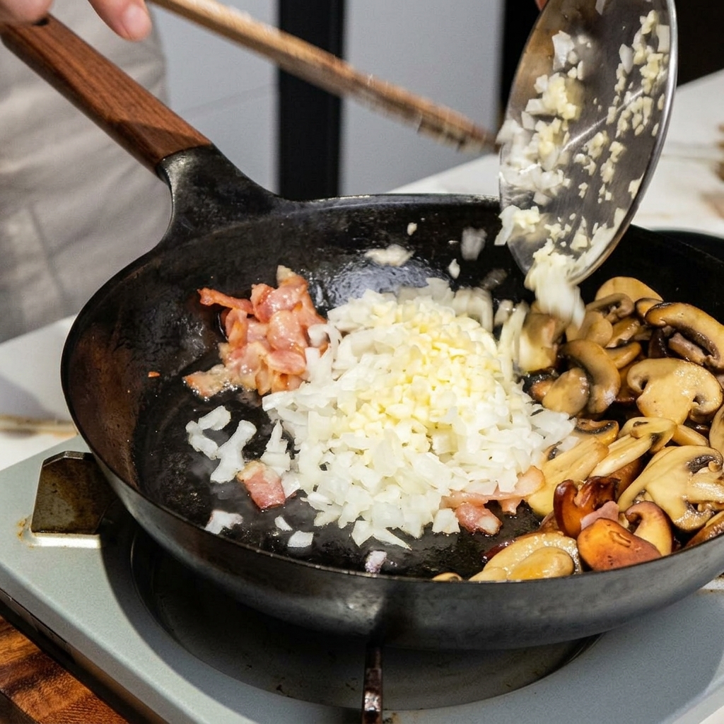 Minced onion and garlic being added to the pan to cook with the bacon and mushrooms.