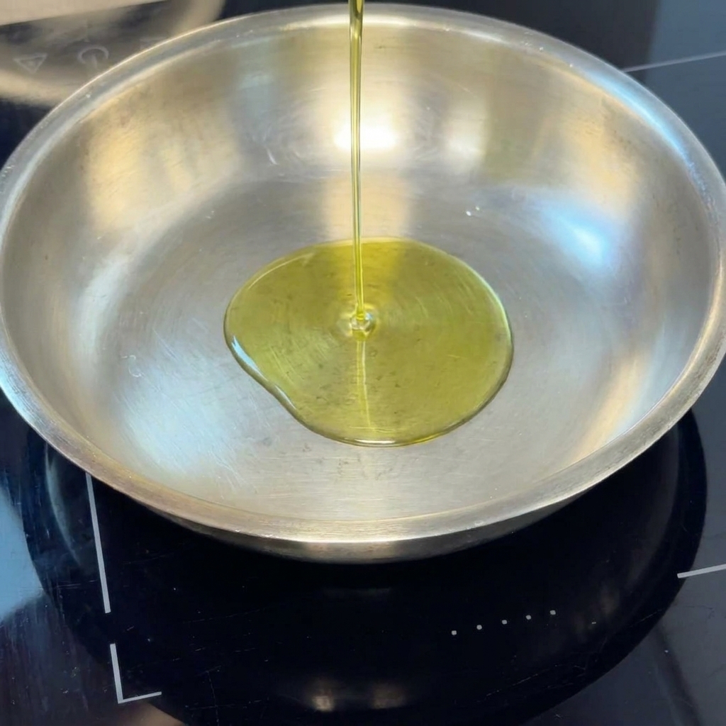 Minced garlic and onion frying in olive oil in a stainless steel pan.