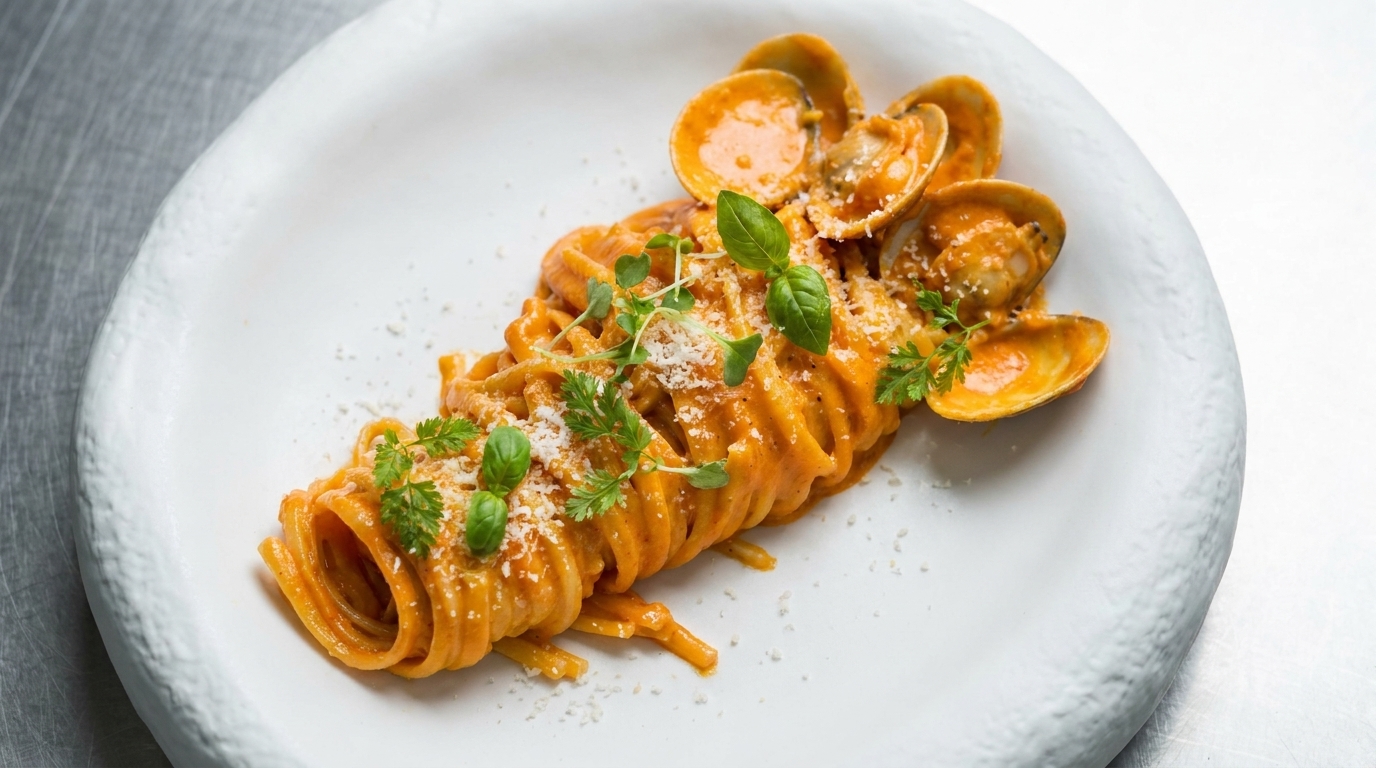Roasted Pepper Cream Pasta with Clams