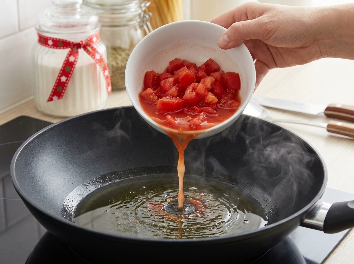 Diced red tomatoes being poured from a white bowl into a wok with hot, glistening oil.