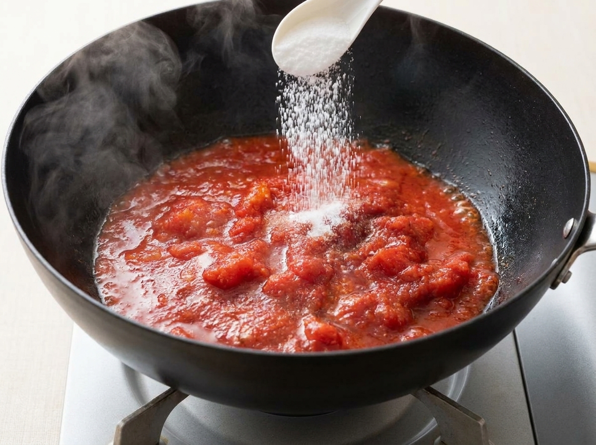 A white spoon sprinkling salt over a simmering mixture of sautéed tomatoes and tomato paste in a wok.