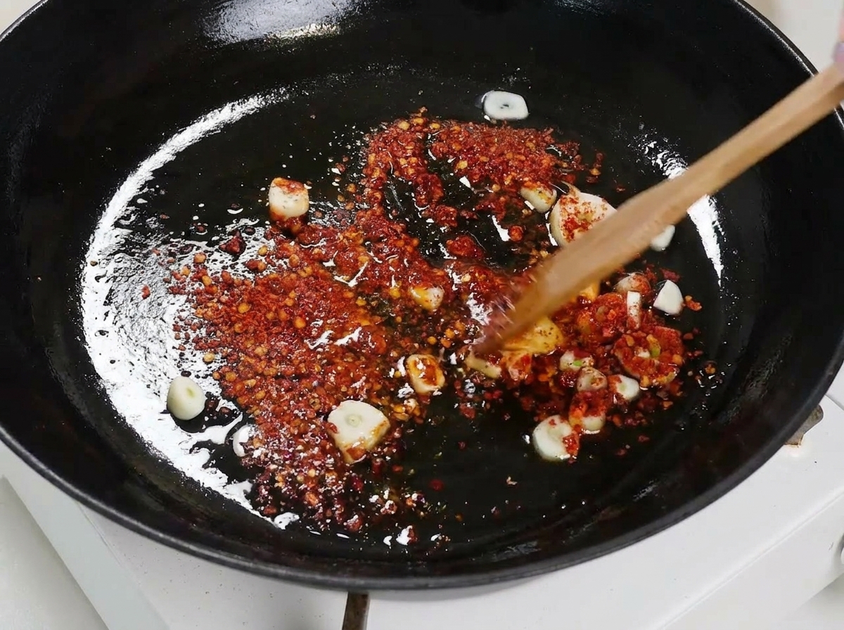 A handful of dry spaghetti noodles laid flat in a pan with garlic and chili, being pressed down by a wooden tool.