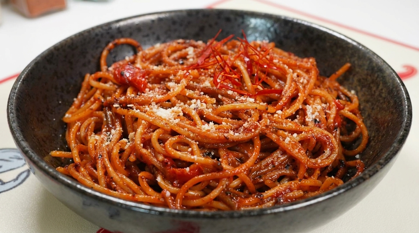 A bowl of spicy, pan-charred Assassin Pasta, finished with grated cheese and delicate chili threads.