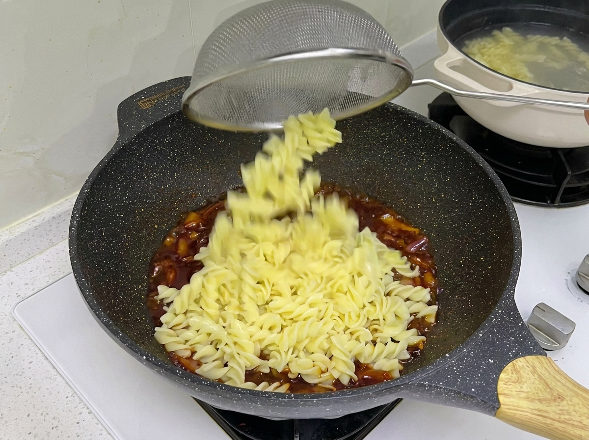 Cooked rotini pasta being transferred from a pot of boiling water directly into a wok containing cooked beef and dark sauce using a wire strainer.