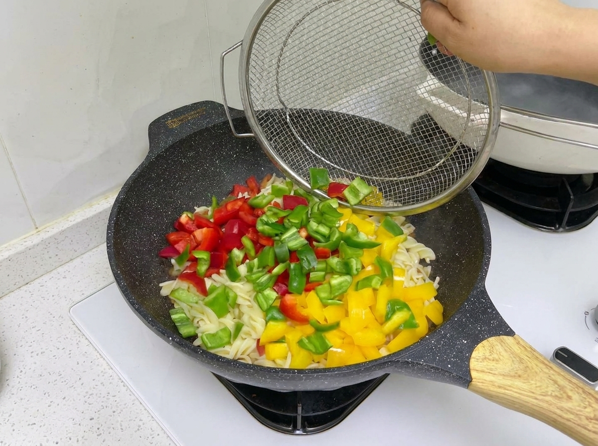 Diced red, green, and yellow bell peppers being poured from a metal wire strainer into a wok filled with rotini pasta, beef, and dark sauce.